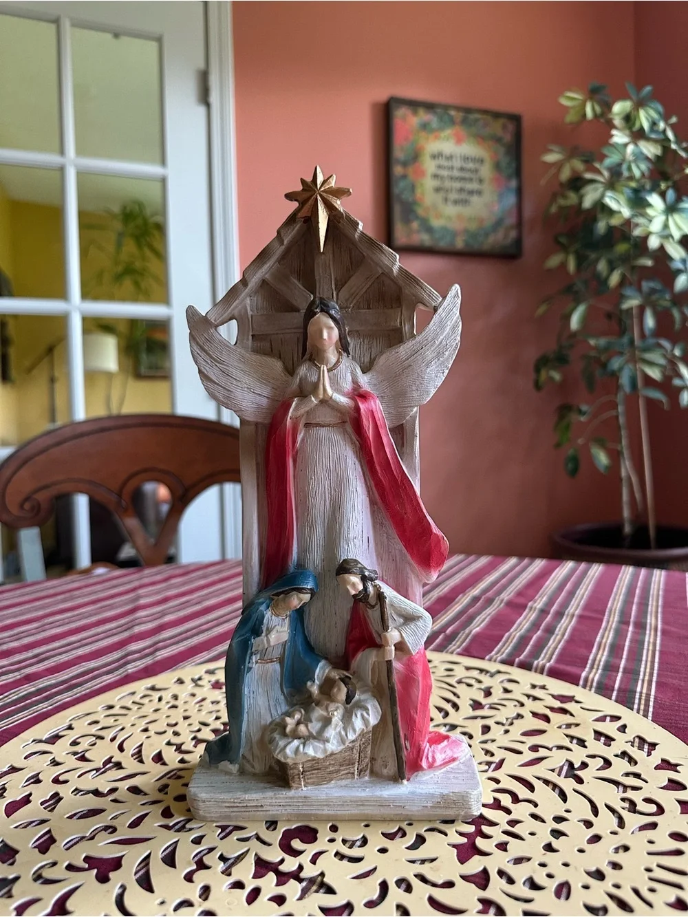 Hand-Painted Nativity Figurine with Angel in Red and Blue